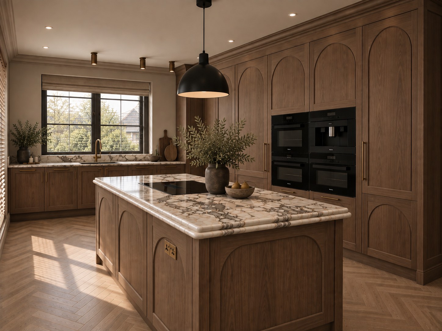Arched joinery with a marble island