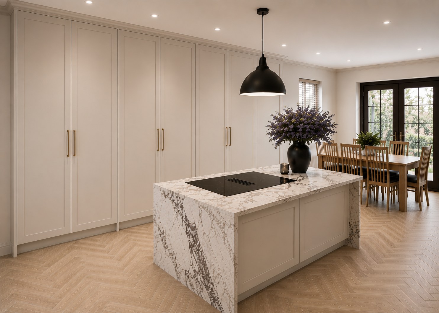Soft cream cabinetry opening onto the garden