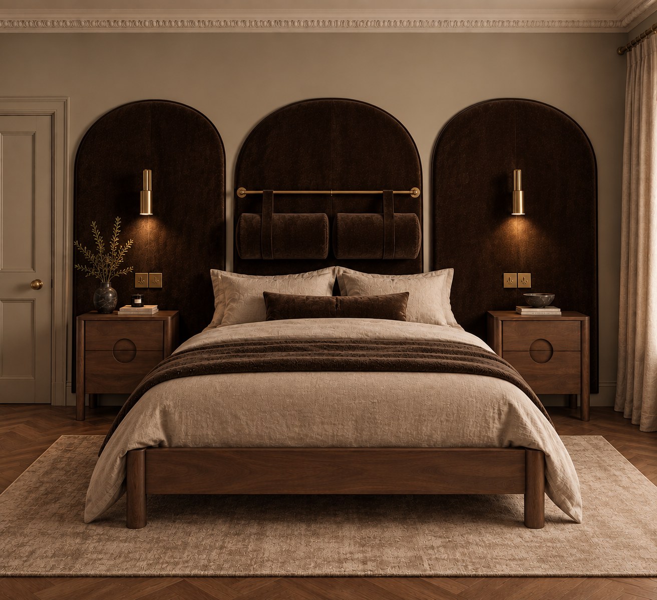 Bedroom with arched brown velvet wall panels, brass wall lights and a walnut bed